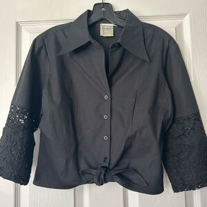 Finley Black Tie-Front Crop Shirt with Lace Sleeves